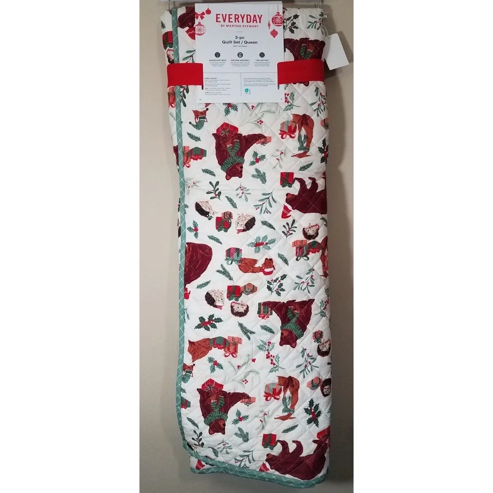 Martha Stewart Christmas Woodland FULL/QUEEN SIZE Reversible Quilt 3 pc‎ Set NEW